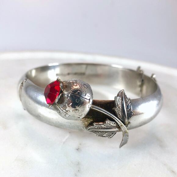 Antique Sterling Silver Mexican RED Poppy Flower Pendant Bangle Bracelet